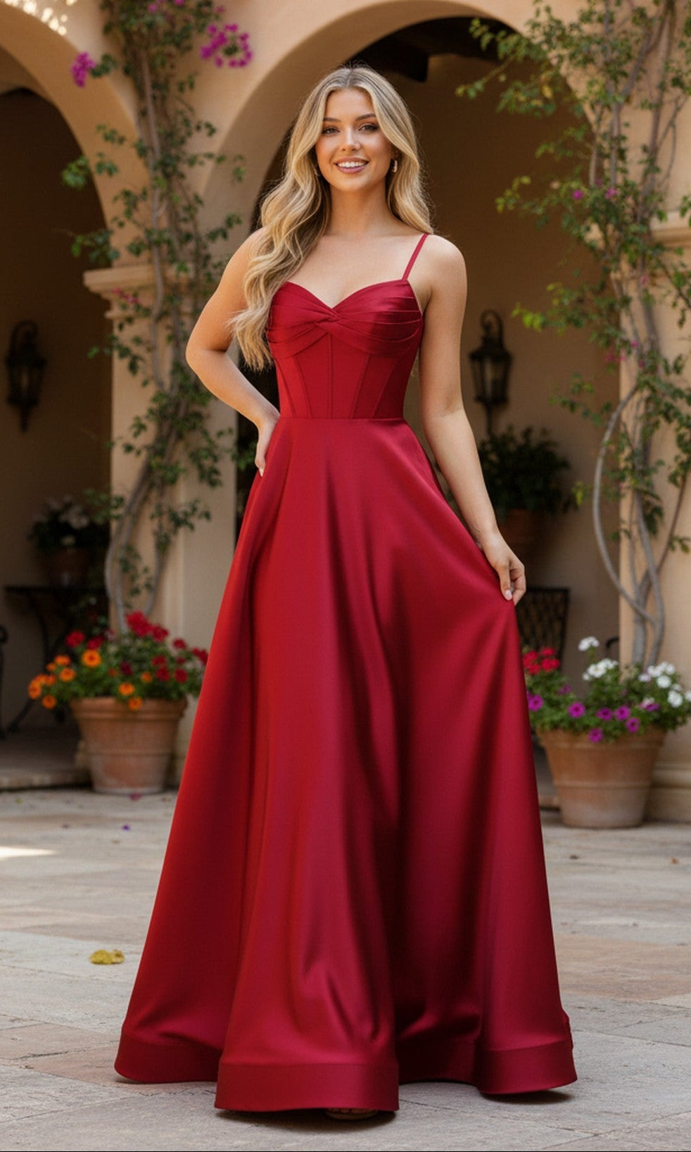 A woman smiles at the camera outside in front of a building, wearing the PromGirl Exclusive 250235 long wine prom dress. Potted plants and flowers appear in the background.